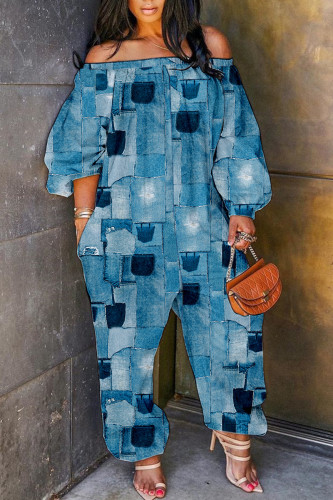 Blue Casual Print Patchwork Off the Shoulder Regular Jumpsuits
