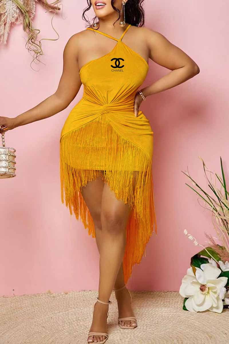 

Yellow Sexy Print Tassel Letter One Step Skirt Dresses