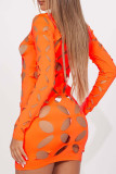 Orange, sexy, fest ausgehöhlte Kleider mit halbem Rollkragen und langen Ärmeln