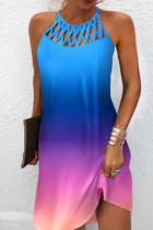 Blauw roze casual print uitgeholde O-hals mouwloze jurken