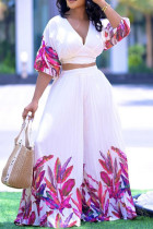 White Casual Tropical Print Patchwork Fold V Neck Half Sleeve Two Pieces Crop Tops And Wide Leg Pants Sets