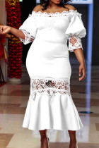 Белое сексуальное однотонное прозрачное вечернее платье в стиле пэчворк с открытыми плечами Платья
