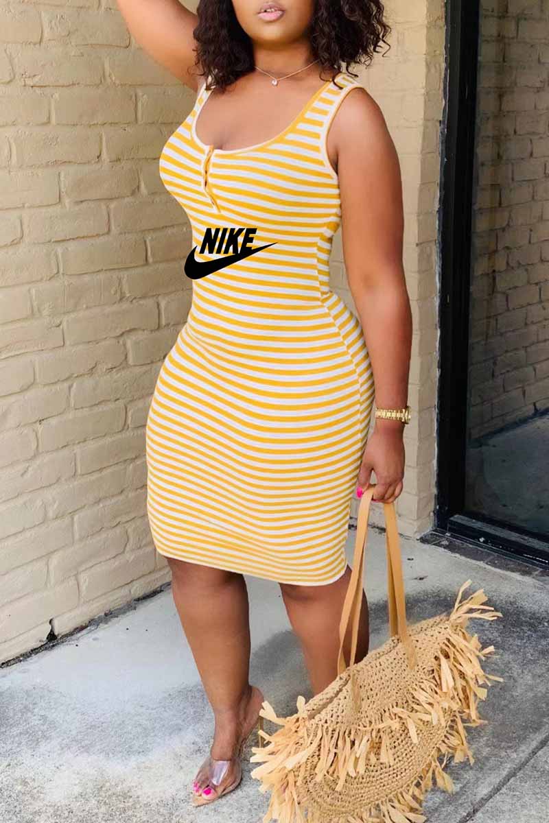 

Yellow Casual Striped Print Letter U Neck Pencil Skirt Dresses