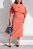 Falda envuelta con cuello en V de color sólido con base de simplicidad informal naranja de talla grande