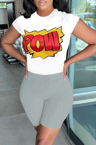 Grey Casual Print Basic O Neck Short Sleeve Two Pieces