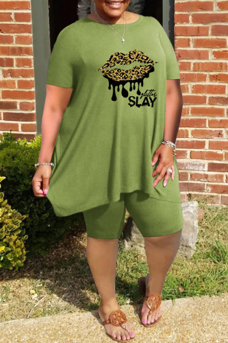 Green Casual Letter Lips Printed Basic O Neck Short Sleeve Two Pieces