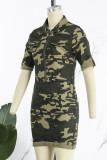 Army Green Street Print Camouflage Print Patchwork Draw String Zipper Collar Straight Dresses
