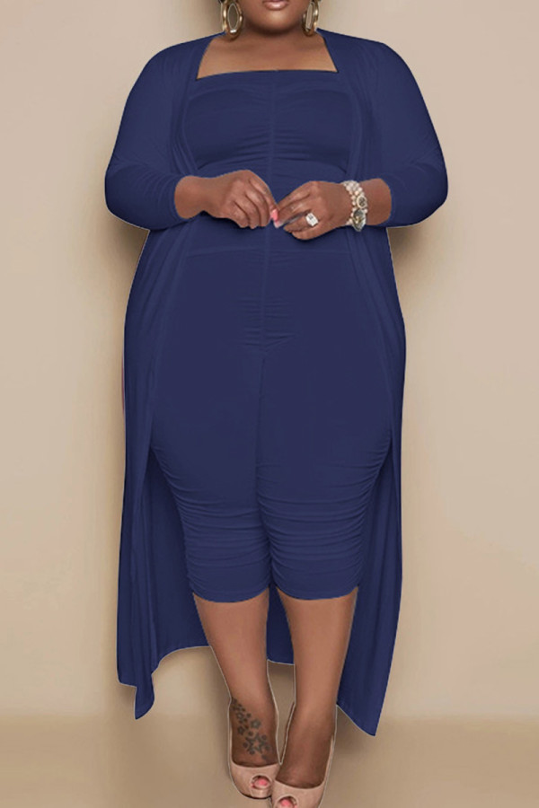 Blue Casual Solid Basic Plus Size Two Pieces