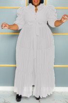ホワイト カジュアル エレガント ソリッド パッチワーク バックル フォールド ターンダウン カラー ケーキ スカート プラス サイズ ドレス