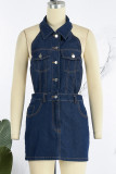 Blue Sexy Casual Solid Patchwork Backless Turndown Collar Sleeveless Skinny Denim Dresses