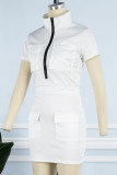Weiße, lässige, solide Patchwork-Tasche mit Reißverschluss, Turndown-Kragen, One-Step-Rock-Kleider