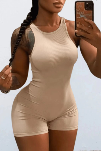 Apricot Sexy Solid Patchwork O Neck Skinny Rompers