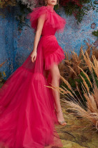 Vestido de noche de cuello oblicuo de malla de retazos sólido elegante rojo rosa Vestidos