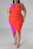 Vestido sin mangas de un hombro en contraste con hendidura de patchwork sólido sexy rojo mandarina de talla grande