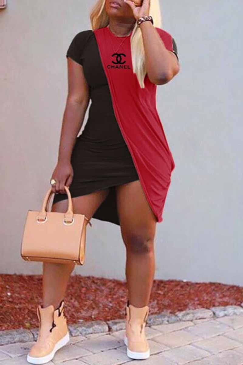 

Black Sexy Print Patchwork Letter O Neck Irregular Dress Dresses