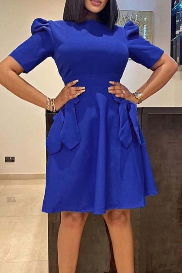 Royal Blue Casual Solid Patchwork With Bow O Neck Short Sleeve Dress