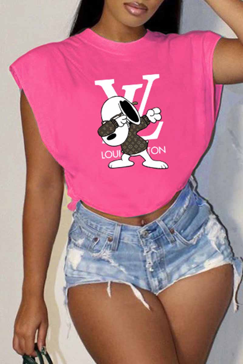 

Rose Red Street Print Letter O Neck T-Shirts