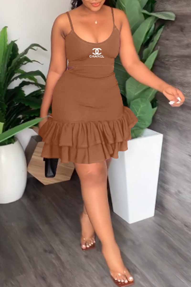 

Brown Sexy Print Flounce Spaghetti Strap One Step Skirt Dresses