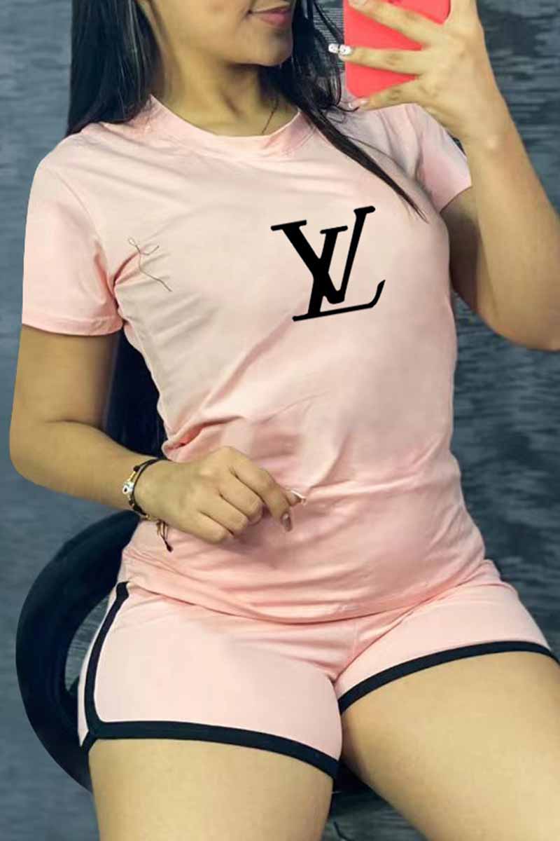 Light Pink Casual Print Letter O Neck Short Sleeve Two Pieces