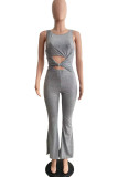 Grå Sexig Solid urholkad Patchwork Knotted O Neck Skinny Jumpsuits