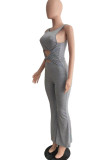 Grey Sexy Solid Hollowed Out Patchwork Knotted O Neck Skinny Jumpsuits