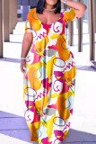 Желто-серое повседневное уличное платье в стиле пэчворк с U-образным вырезом и принтом Платья больших размеров
