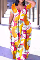 Tangerine Casual Street Print Patchwork U-hals bedrukte jurk Grote maten jurken