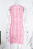Roze sexy effen uitgeholde doorzichtige mouwloze jurkjurken met O-hals