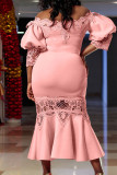 ピンク セクシー ソリッド パッチワーク シースルー オフショルダー イブニングドレス ドレス