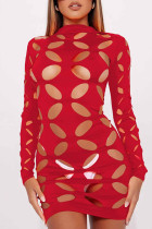 Red Sexy Solid Hollowed Out Half A Turtleneck Long Sleeve Dresses