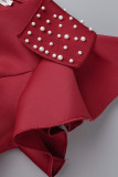 Vestidos de falda de un paso con cuello en V y abalorios de patchwork sólido elegante rojo rosa
