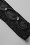 Patchwork sexy preto vazado transparente fora do ombro manga longa duas peças