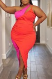 Tangerine Red Sexy Solid Patchwork Slit Contrast One Shoulder Ärmelloses Kleid Plus Size