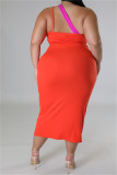 Tangerine Red Sexy Solid Patchwork Split Contrast One Shoulder Sleeveless Dress Plus Size