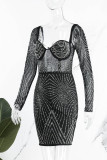 Schwarze sexy Patchwork Hot Drilling durchsichtige Langarm-Kleider mit V-Ausschnitt