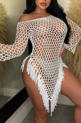 White Sexy Solid Tassel Hollowed Out Patchwork Asymmetrical Swimwears Cover Up