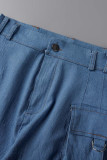 Blu casual tinta unita patchwork tasca fibbia colletto rovesciato manica corta due pezzi
