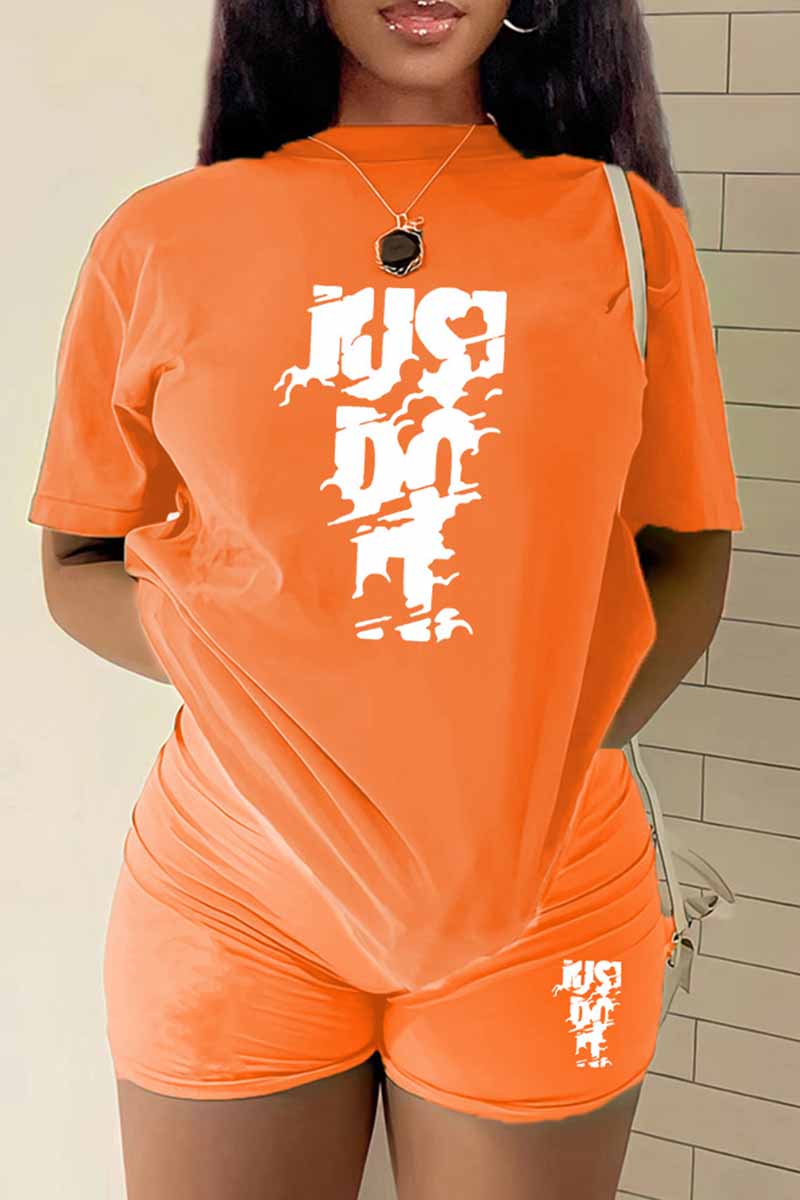 

Orange Casual Print Letter O Neck Short Sleeve Two Pieces