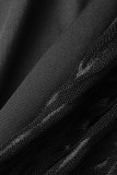 Черный сексуальный однотонный выдолбленный лоскутный узкий комбинезон с прозрачным жемчугом и косым воротником