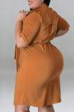 Dunkles Apricot Lässige Solide Patchwork-Schnalle Umlegekragen Gerade Kleider in Übergröße