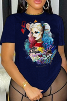 T-shirt O Neck patchwork con stampa street sexy blu navy