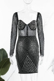 Абрикосовое сексуальное лоскутное горячее сверление Прозрачные платья с длинным рукавом с V-образным вырезом