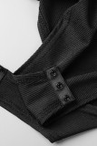 Черные сексуальные однотонные узкие боди с отложным воротником и пряжкой в ​​стиле пэчворк
