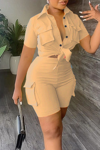 Khaki Casual Solid Bandage Patchwork Pocket Buckle Turndown Collar Short Sleeve Two Pieces