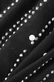 Schwarzes, sexy Patchwork-Heißbohren, durchsichtiger halber Rollkragenpullover mit langen Ärmeln, zweiteilig