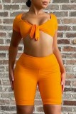 Deux pièces à manches courtes à col en V solide et sexy orange
