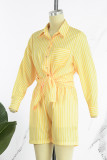 Camisa casual listrada patchwork amarela gola manga longa duas peças