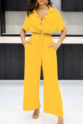 Yellow Casual Solid Frenulum Turndown Collar Short Sleeve Two Pieces