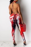 Red Sexy Print Bandage Patchwork Backless Halter Skinny Jumpsuits