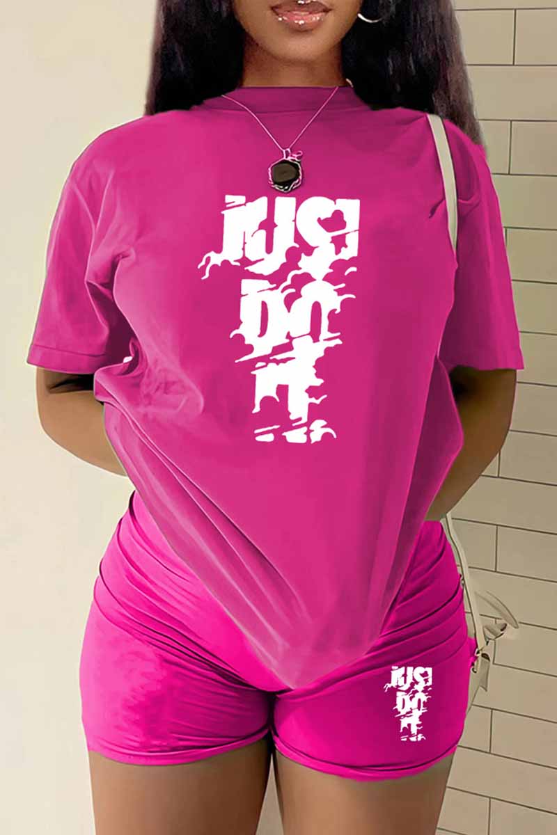 

Rose Red Casual Print Letter O Neck Short Sleeve Two Pieces
